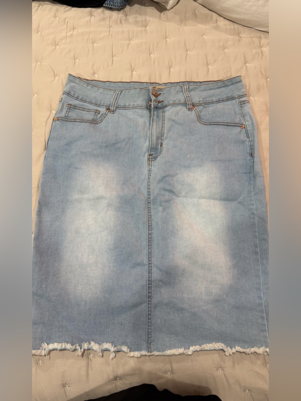 Sandpiper Midi length Jean skirt with frayed hem